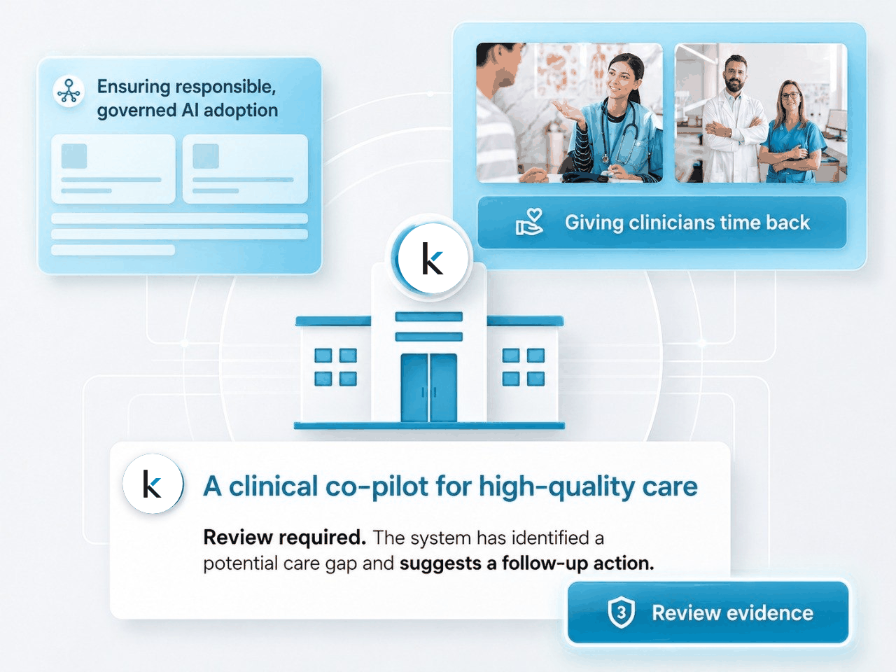 Skovos governance console over a hospital: registered AI agents, policy checks, and audit trail